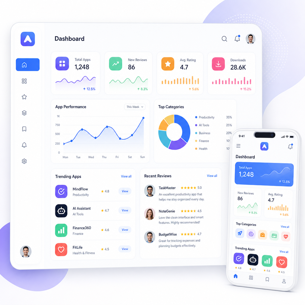 A clean app UI mockup with a light dashboard, charts, and blue accent buttons