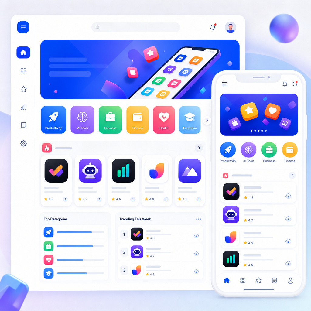 A vibrant marketplace app UI with colorful tiles and blue navigation tabs