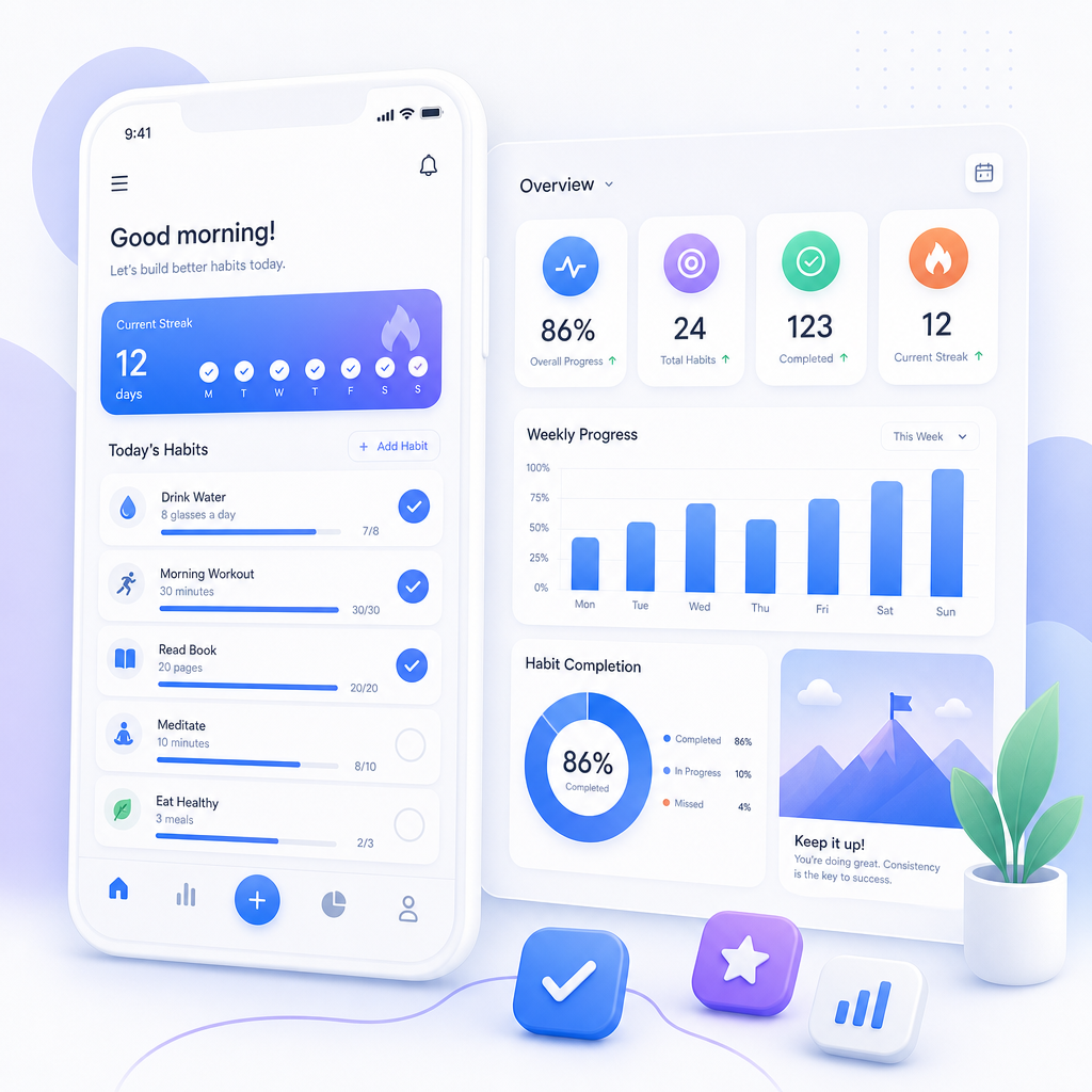 A clean habit tracker interface with blue progress bars and rounded statistic cards