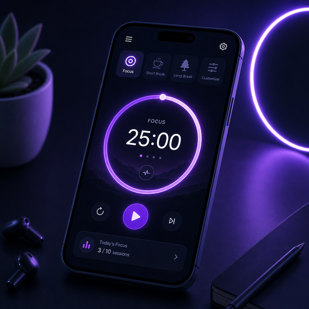 An app screen with a dark mode focus timer, neon purple accents, and circular progress