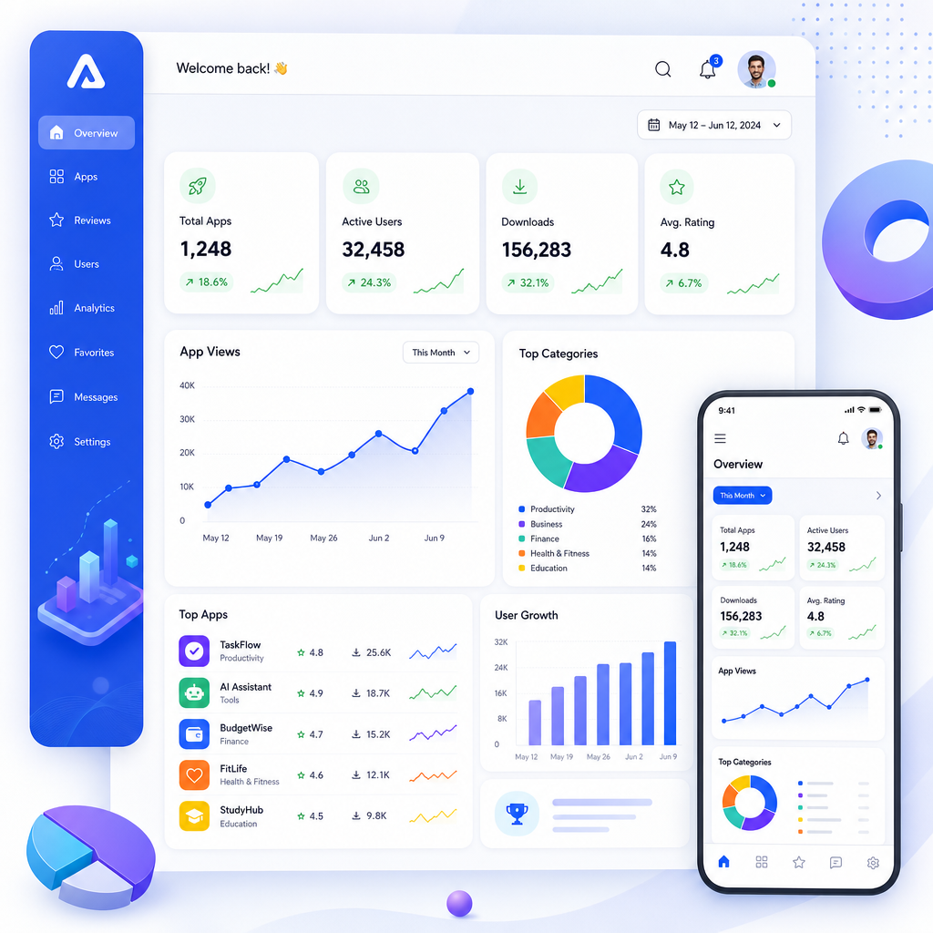 A bright analytics dashboard with green success metrics and blue navigation tabs