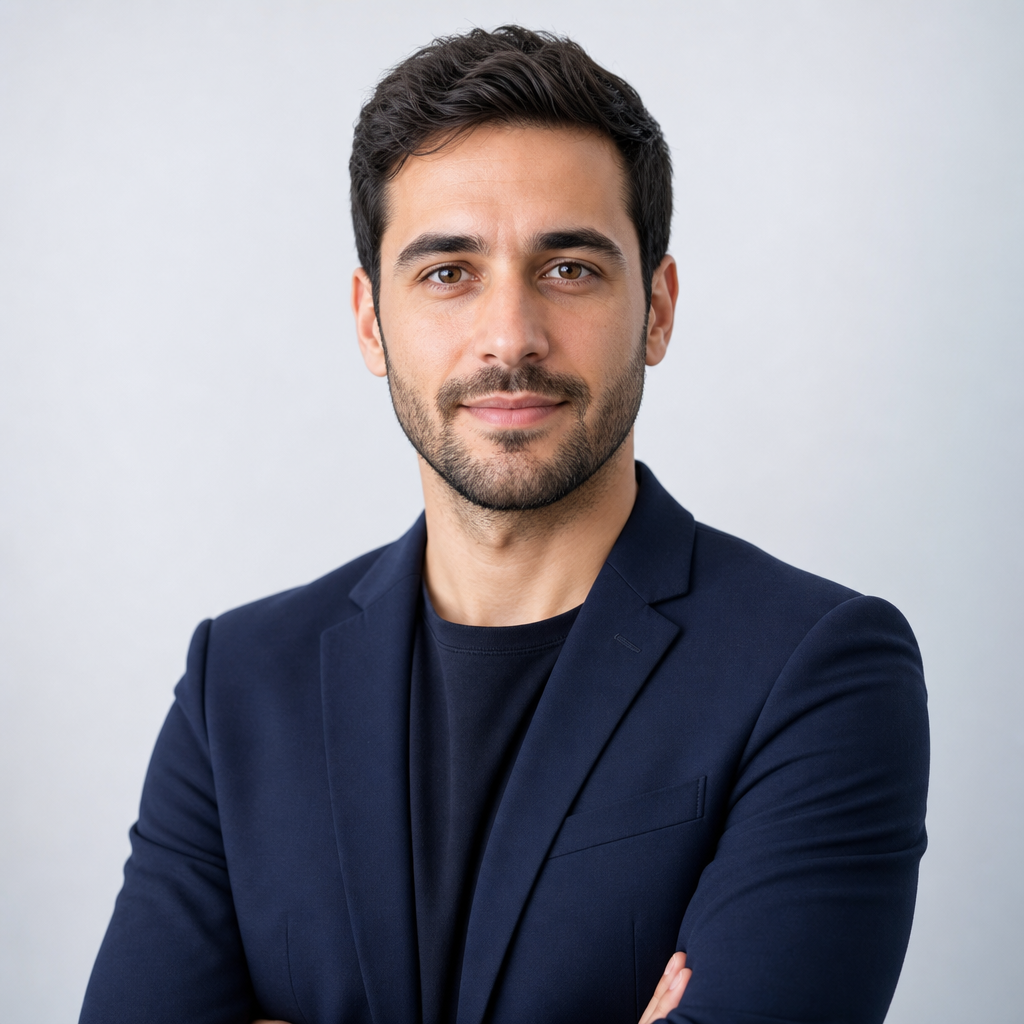 Portrait of a focused data analyst with short dark hair wearing a navy blazer