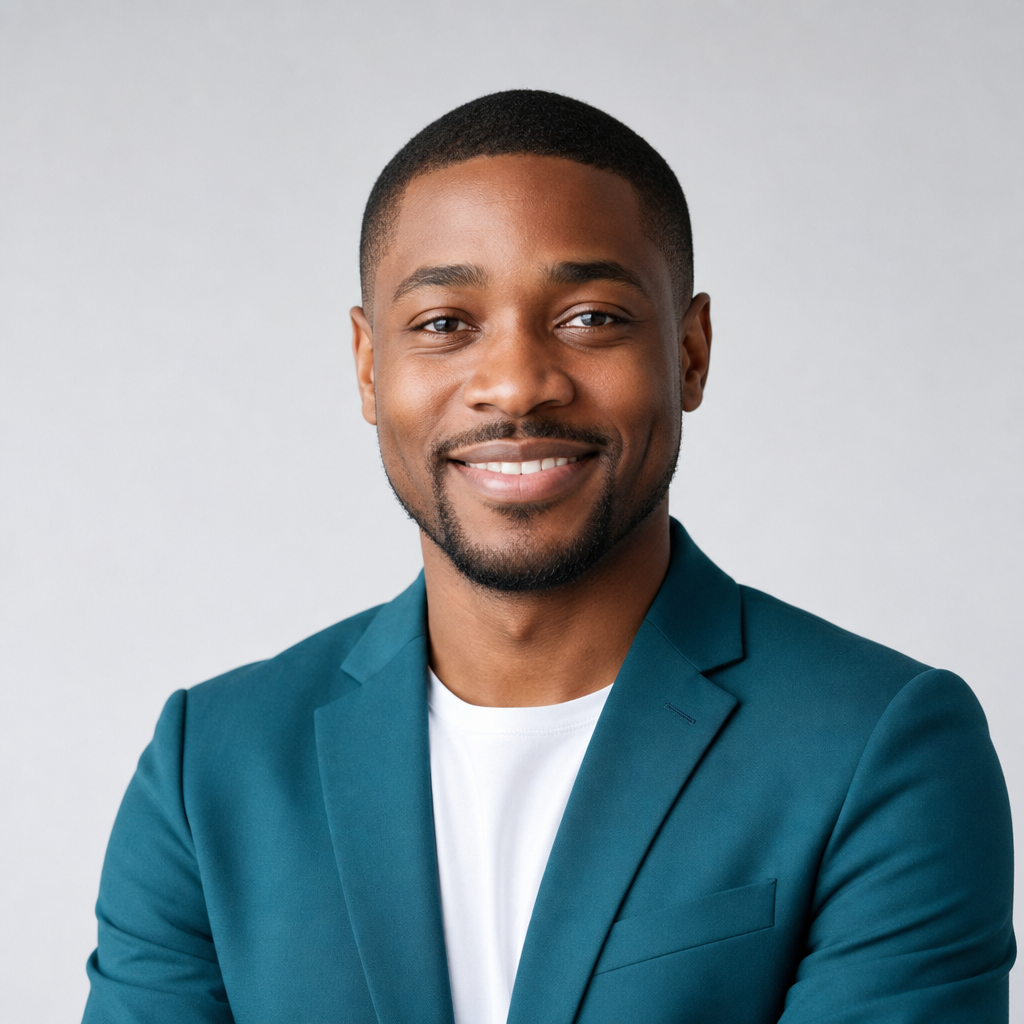 Portrait of a friendly consultant with dark skin, close-cropped hair, and a teal jacket