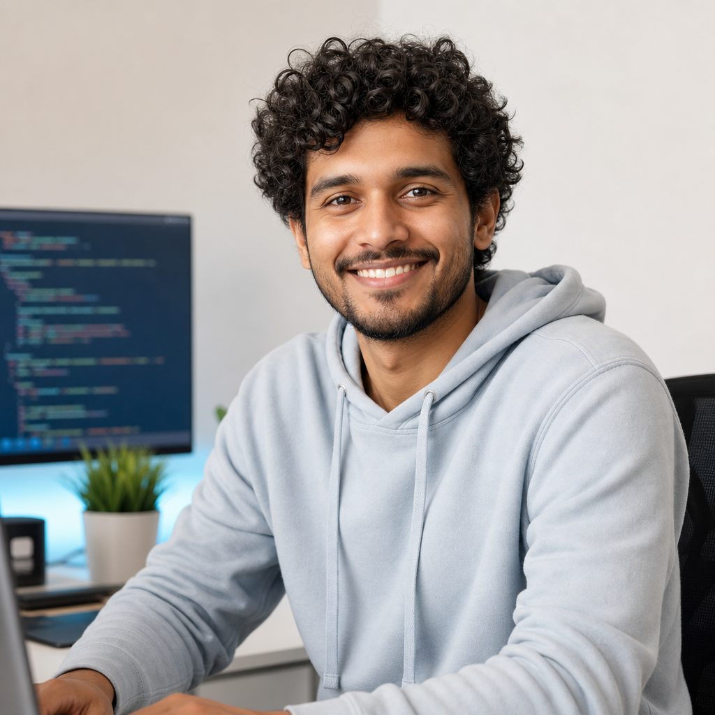 Portrait of a smiling software developer with medium brown skin, curly hair, and a light hoodie