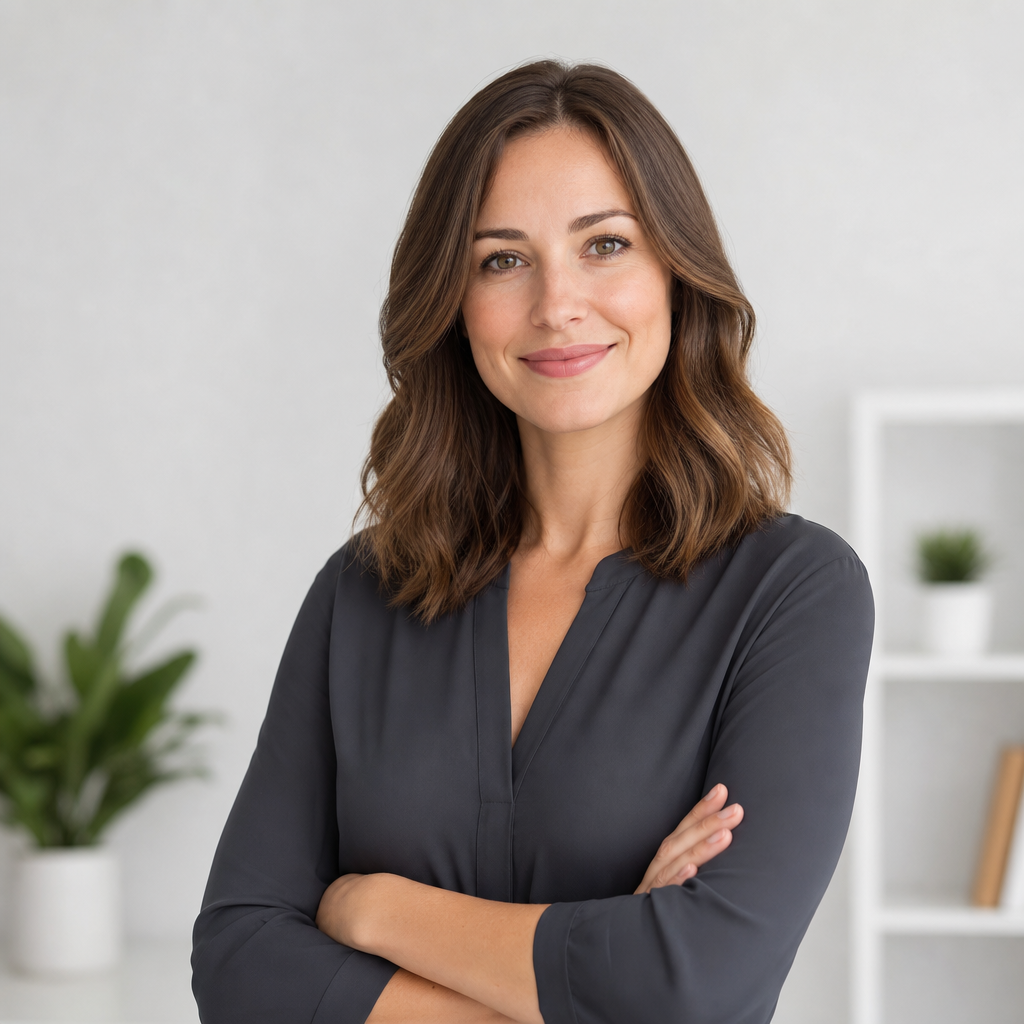 Portrait of a professional small business owner with light skin, shoulder-length hair, and a charcoal blouse