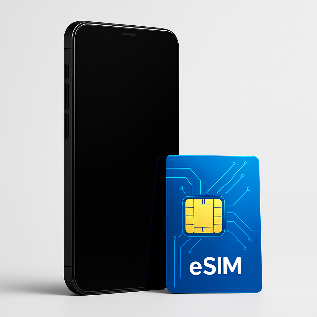 Sleek black smartphone beside a blue eSIM card with subtle circuit lines