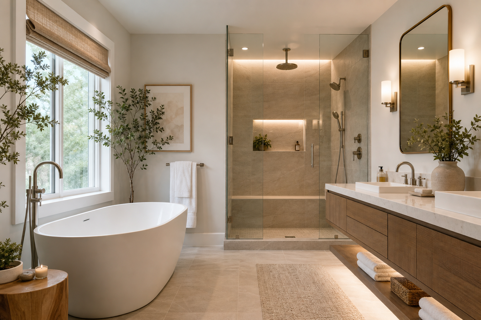 Spa-inspired bathroom remodel with a freestanding tub, soft stone tile, and a glass shower