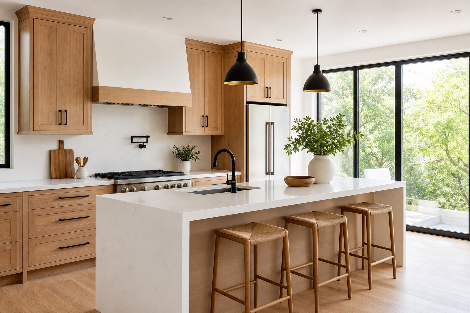 Bright modern kitchen with a large island, warm wood cabinetry, and natural light showcasing a fresh residential remodel
