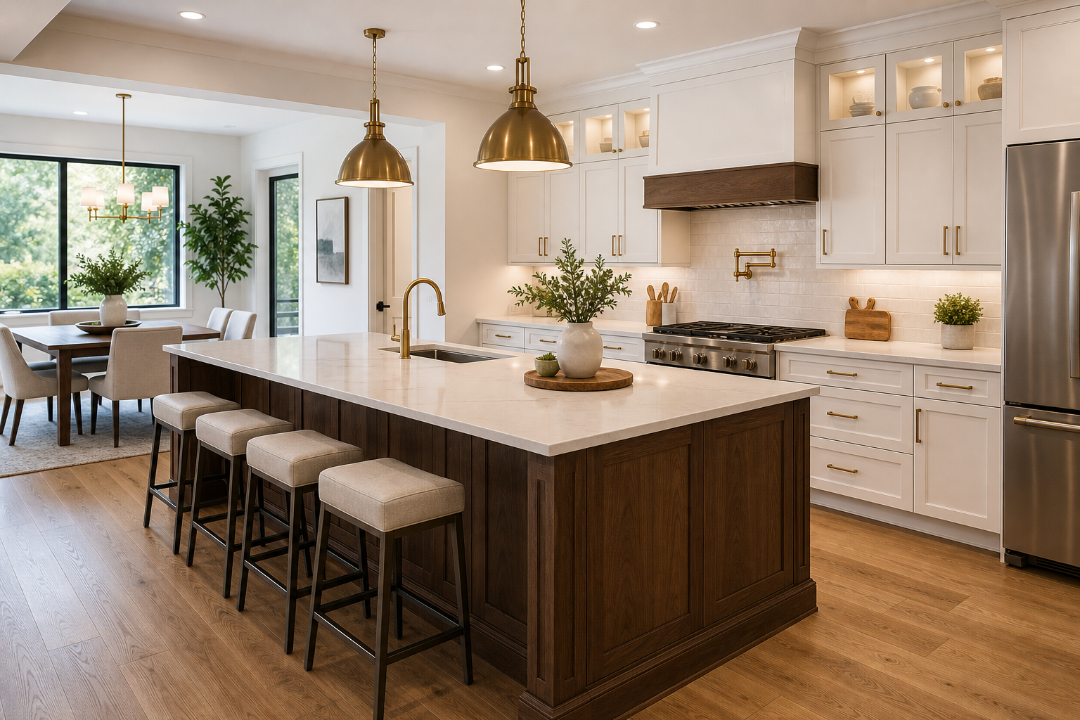 Warm modern kitchen remodel with white cabinetry, a walnut island, and brass pendant lighting