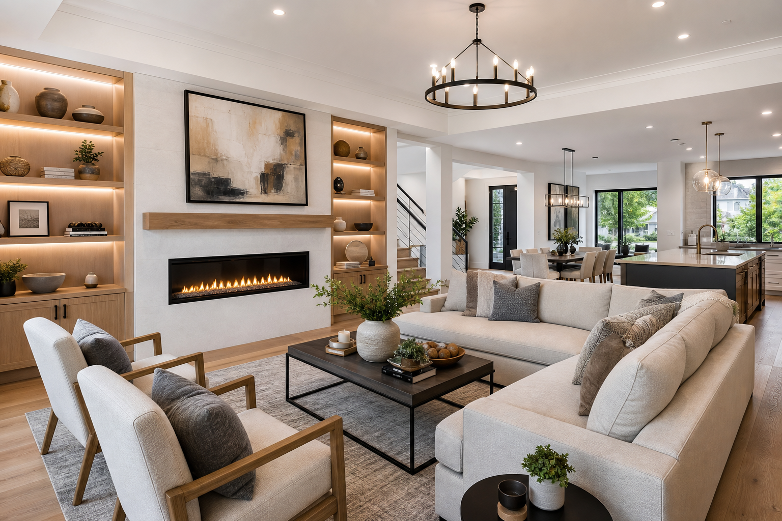 Whole-home renovation living area with open layout, modern fireplace, and layered neutral furnishings