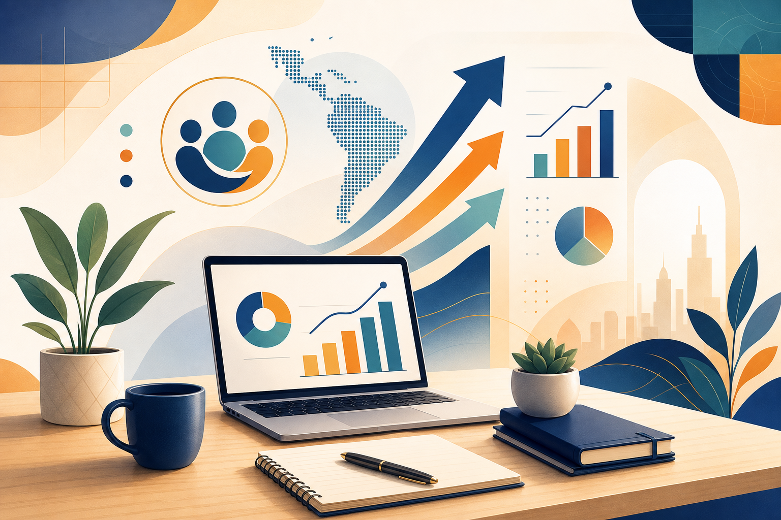 Abstract illustration of a professional advisory workspace with charts, upward arrows, and warm bilingual-friendly accents