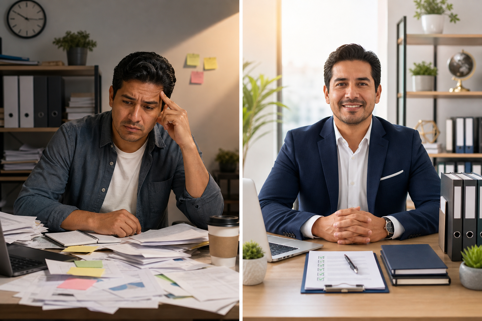 Composición before and after con el mismo hombre hispano en dos estados claramente diferenciados: a la izquierda, versión ‘antes’ con postura insegura y entorno desordenado de papeles; a la derecha, versión ‘después’ con postura segura y entorno organizado con checklist y documentos alineados, separados por una línea o división visual evidente