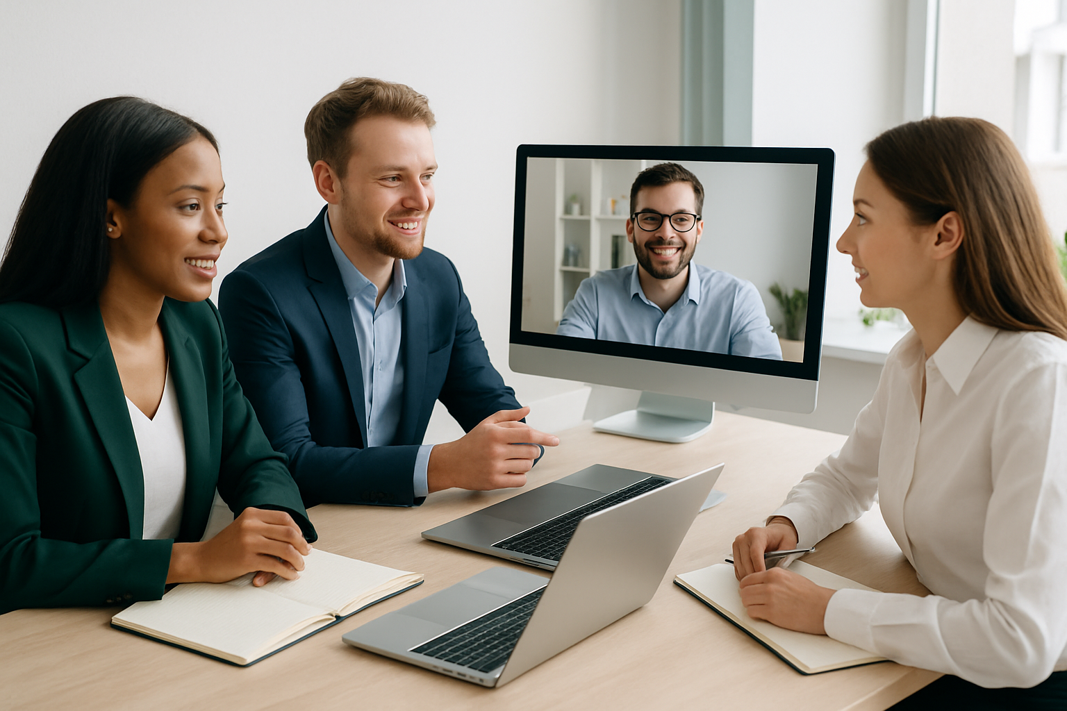Premium remote support team collaborating in a modern video meeting workspace with laptops and notes