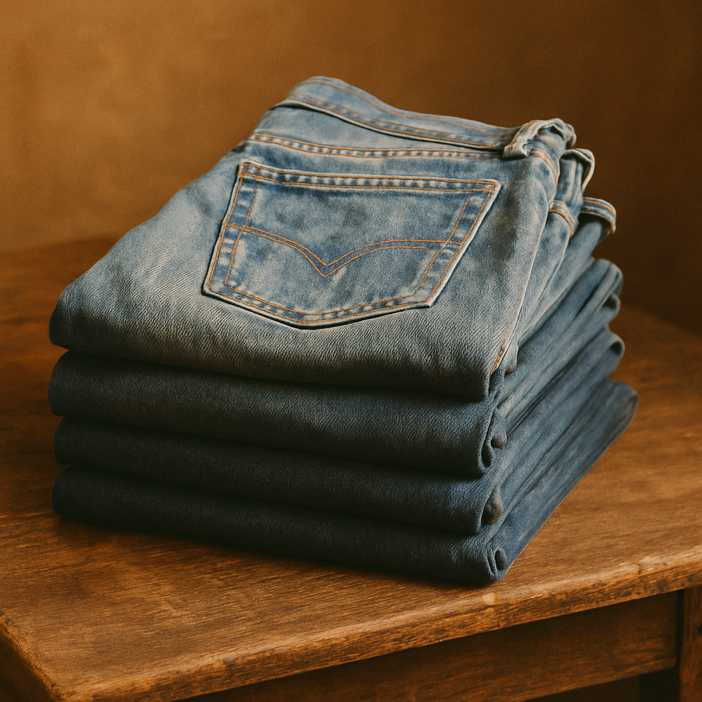 Folded stack of vintage blue denim jeans with worn-in fades on a wooden table