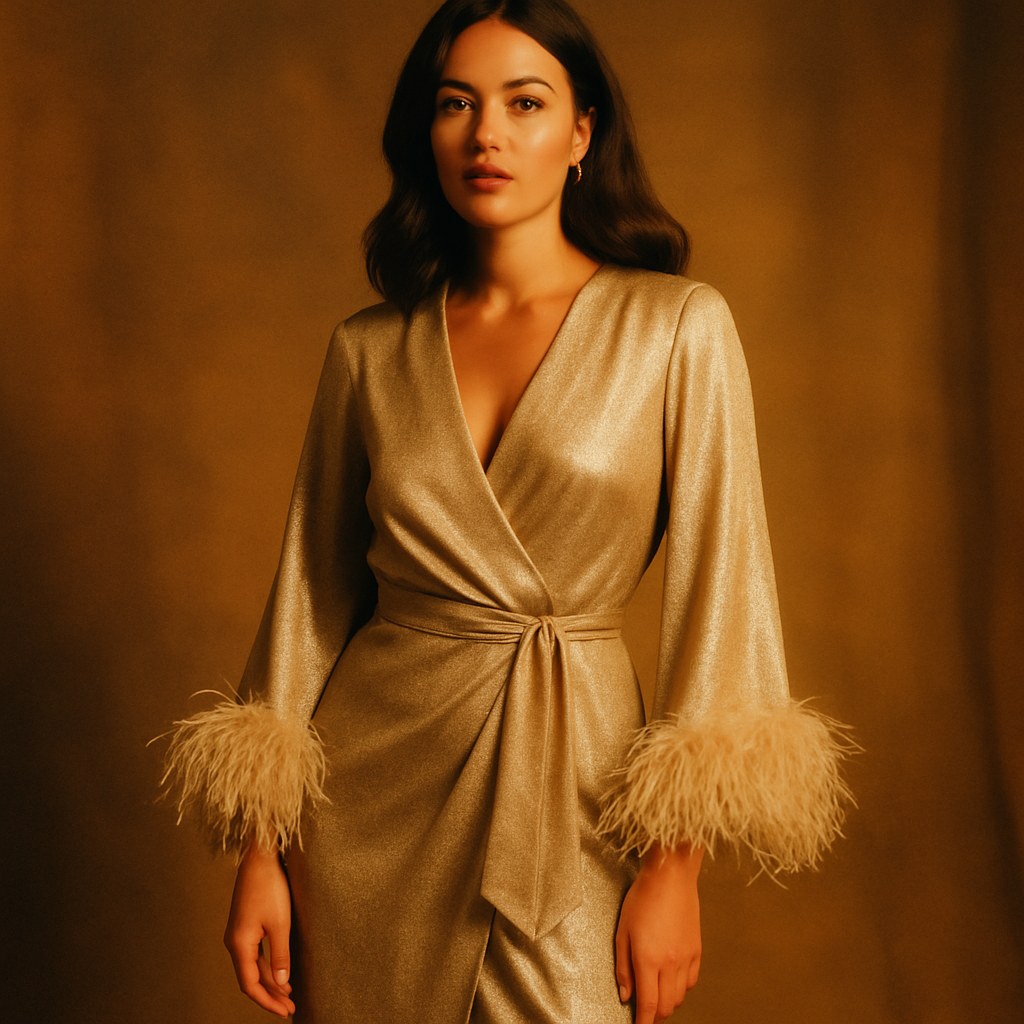 Woman in a champagne metallic wrap dress with feathered cuffs, posed against a warm amber studio backdrop