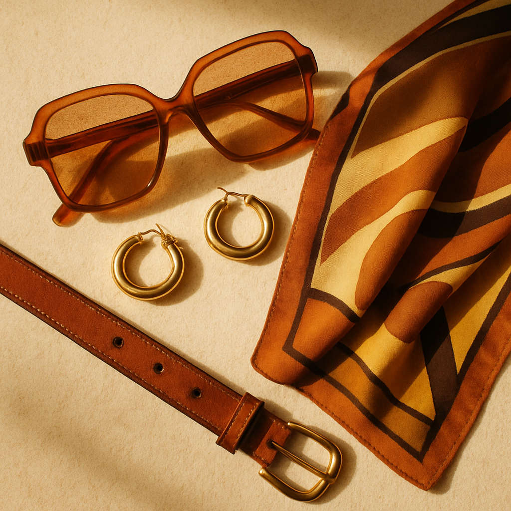 Curated collection of vintage accessories including amber sunglasses, gold hoop earrings, and a patterned silk scarf