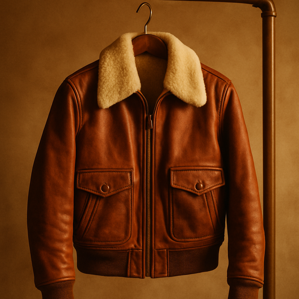Vintage rust leather aviator jacket with shearling collar hanging on a brass rack