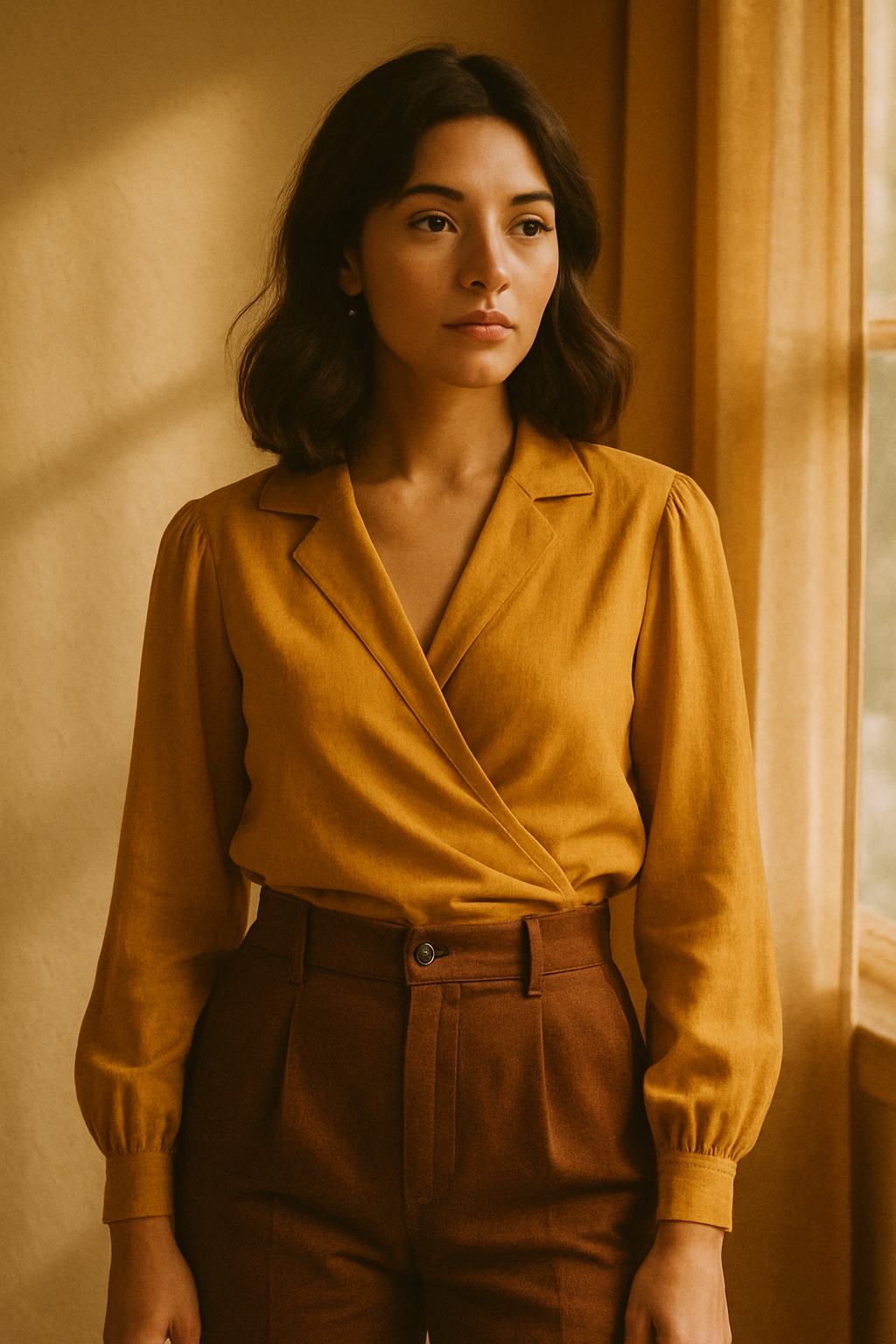 Model wearing a mustard wrap blouse and high-waisted brown trousers, photographed with warm film tones