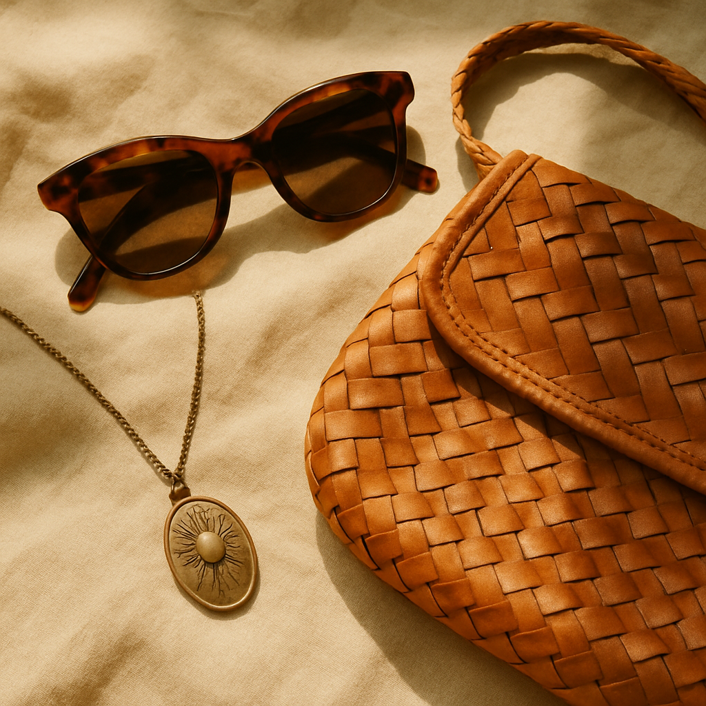 Close-up of retro accessories including tortoiseshell sunglasses and a woven leather bag on sunlit fabric