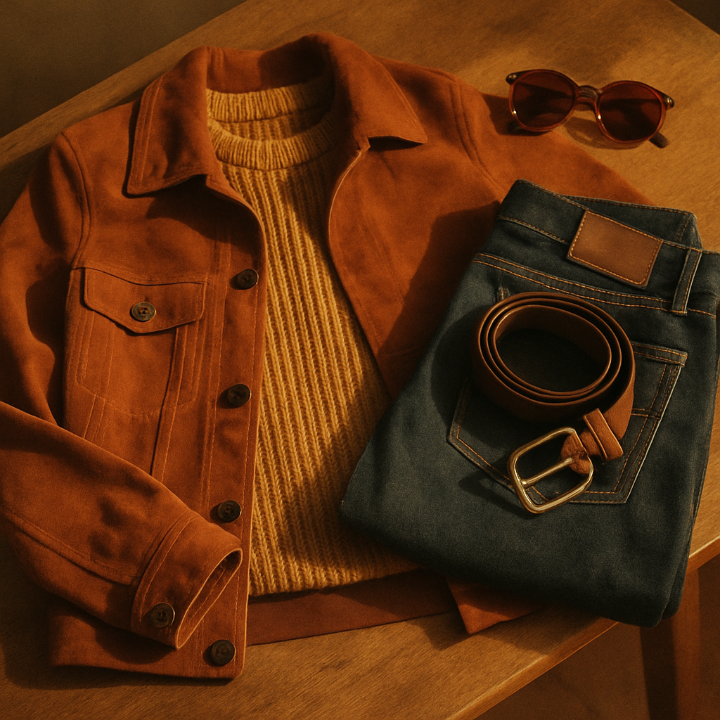 Warm film-style editorial photo of a vintage outfit laid on a wooden table, featuring a rust suede jacket, mustard knit, and retro denim with soft golden light