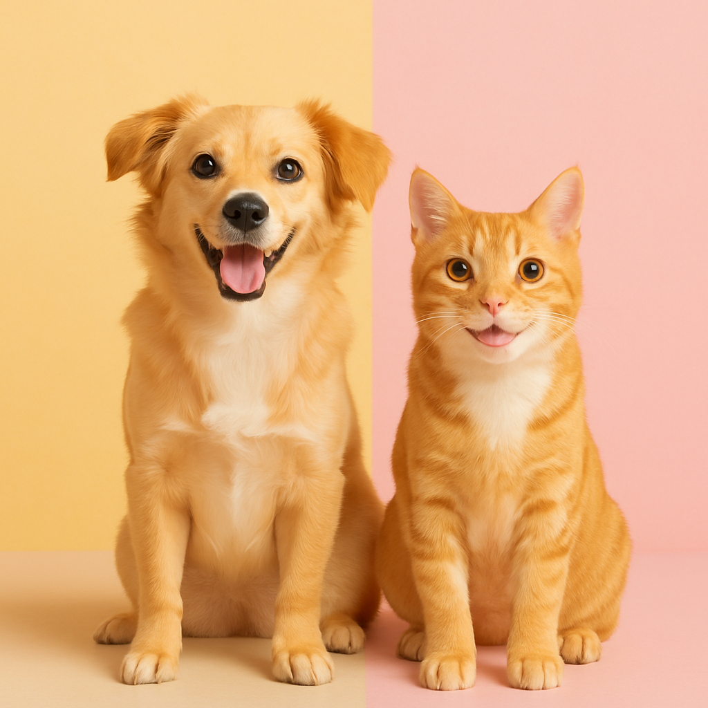 Adorable dog and cat together, smiling in bright pastel studio setting