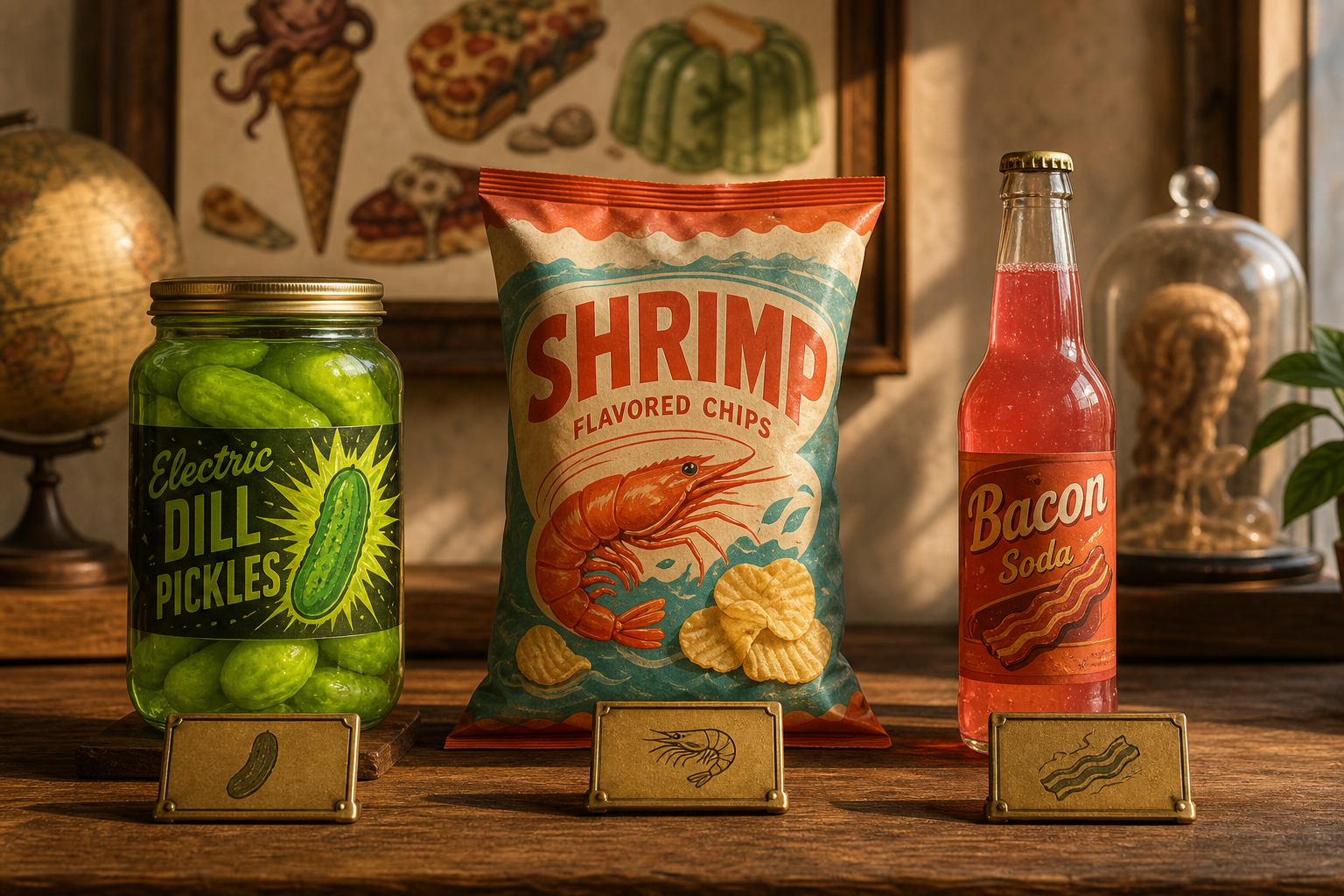 Vintage-inspired still life of odd snacks: a jar of neon pickles, a bag of shrimp-flavored chips, and a fizzy soda bottle arranged like a museum display on a warm wooden table