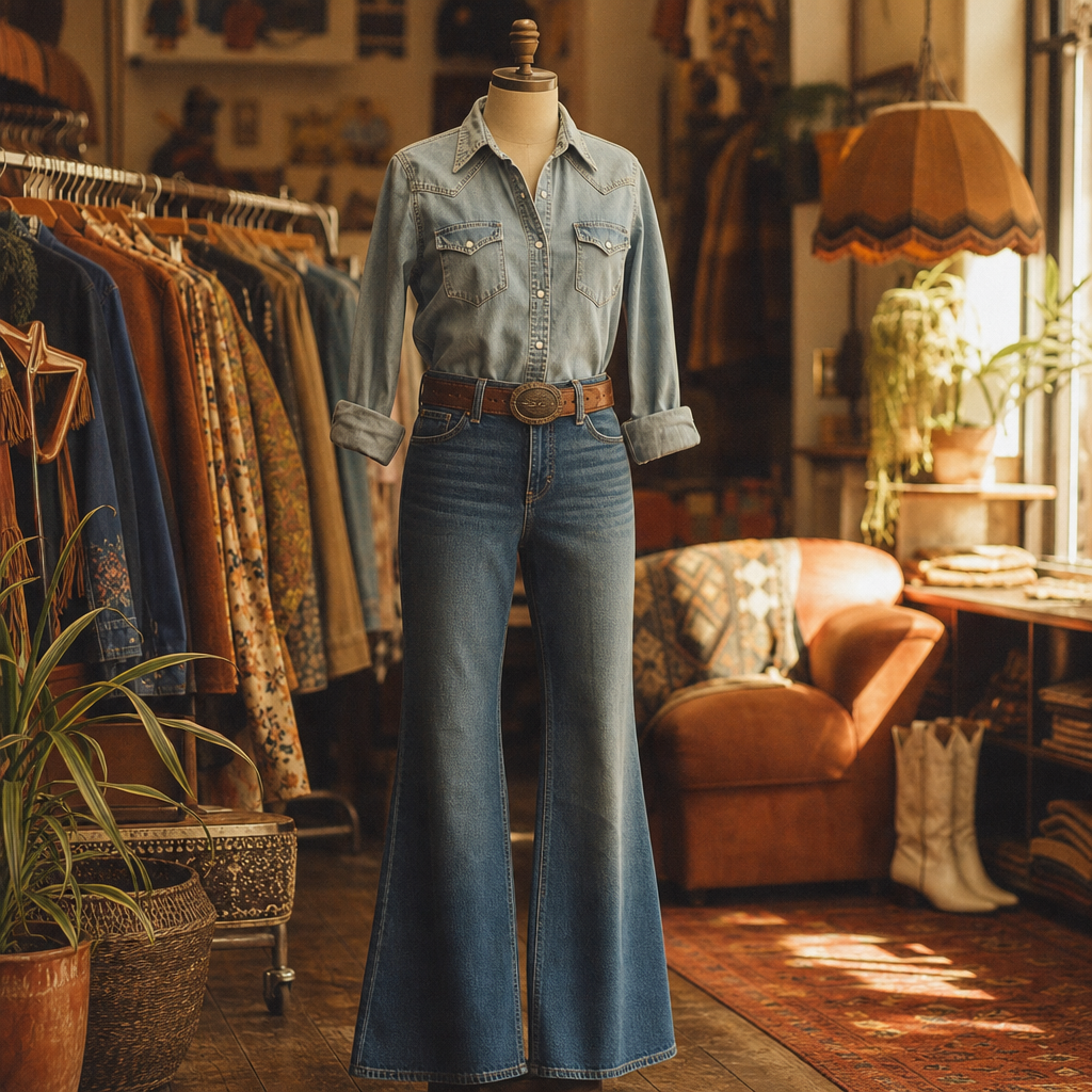 Warm film-style photo of a 1970s denim outfit with flared jeans and a tucked-in western shirt