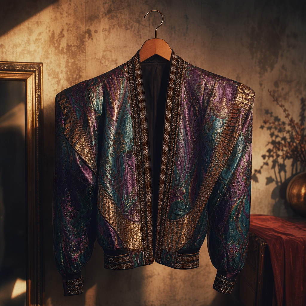 Analog-style photo of an 1980s statement jacket with bold shoulders and metallic accents on a hanger