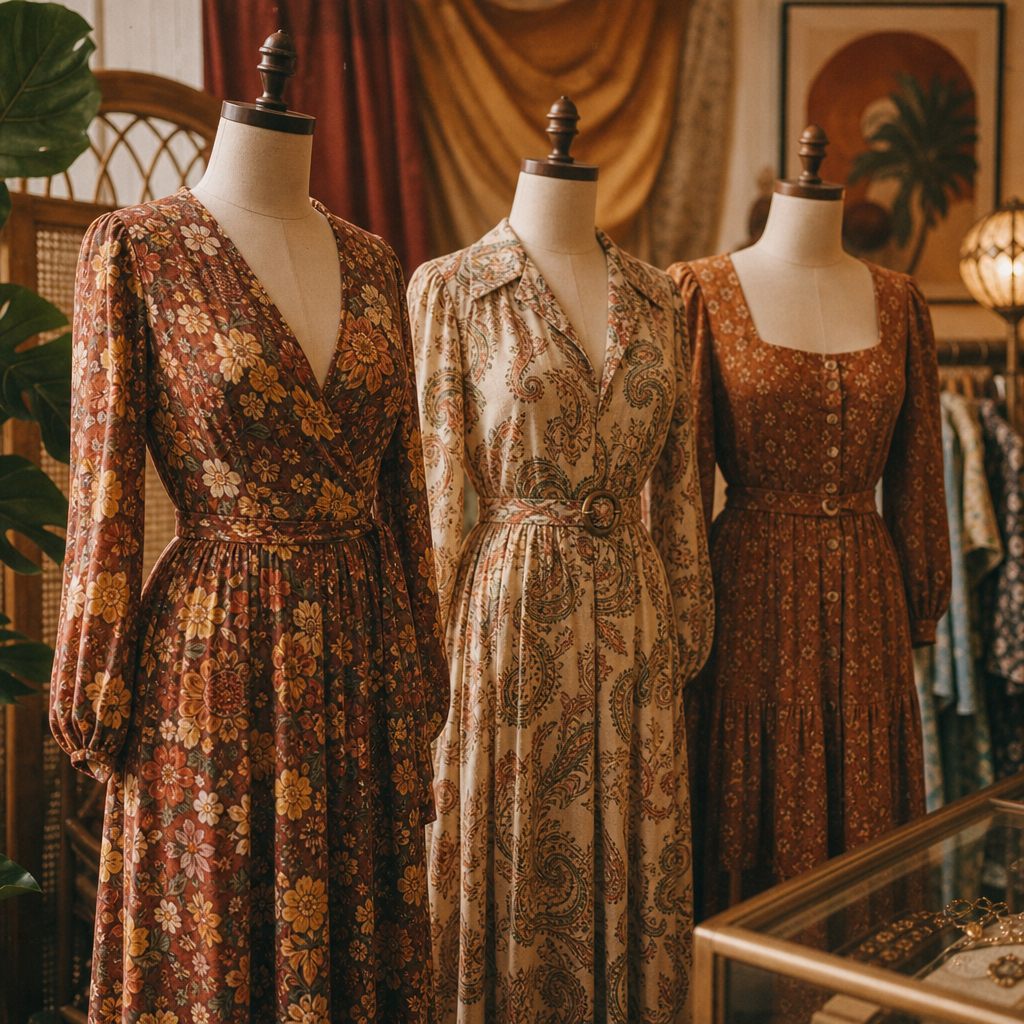 Vintage-inspired photo of retro dresses in warm earth tones displayed on mannequins