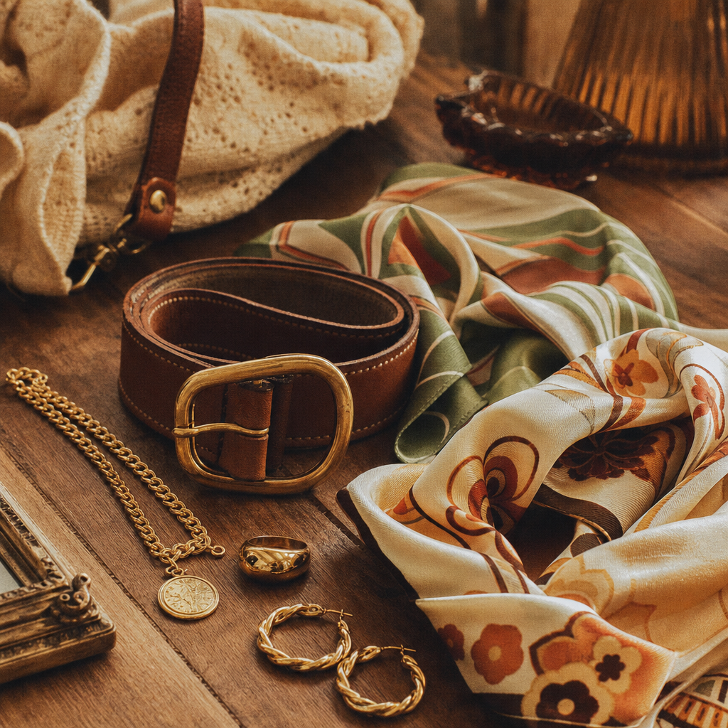 Warm film photograph of vintage accessories including leather belts, scarves, and gold jewelry on a wooden table