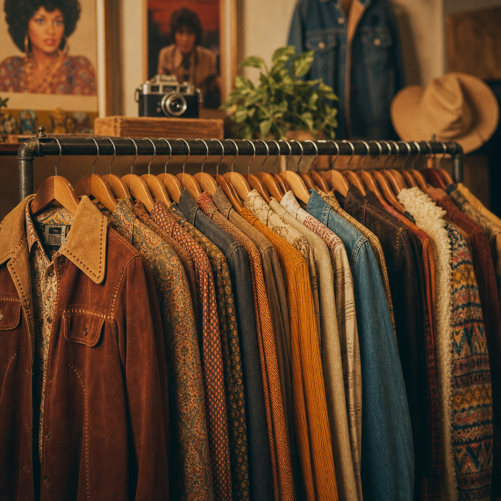 Warm film-style photo of a curated vintage clothing rack with 70s and 80s pieces, earthy tones and soft studio light