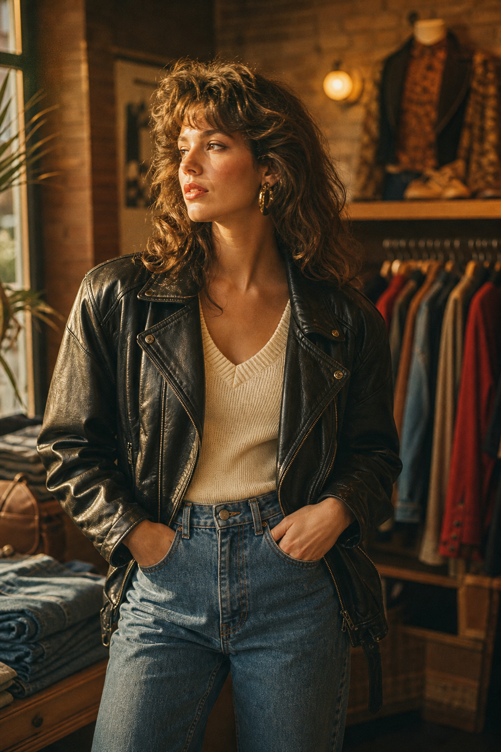 Warm film-style portrait of a model in a 1980s leather jacket and high-waisted denim, standing in golden window light with a nostalgic boutique mood