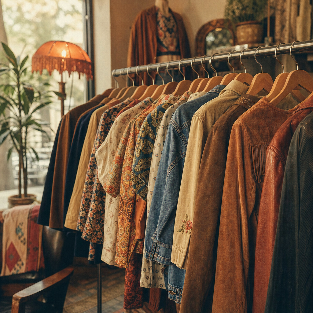 Warm film-style photo of a vintage clothing rack with 1970s and 1980s jackets in earthy tones