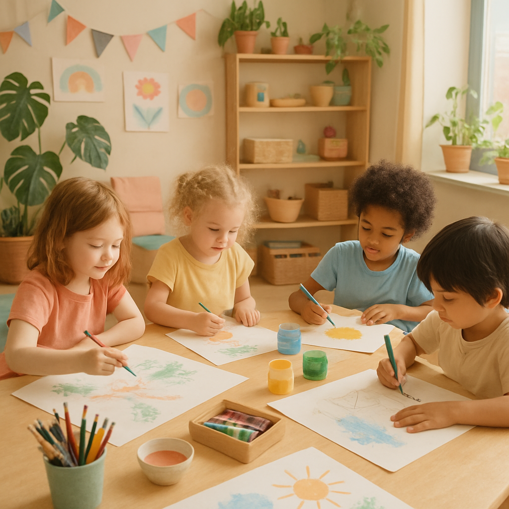 Enfants en train de peindre lors d'un atelier créatif
