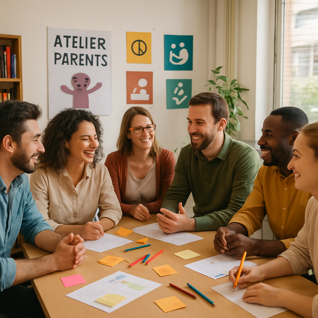 Atelier participatif avec des parents autour d'une table