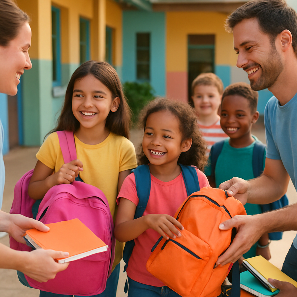 Distribution de fournitures scolaires à des enfants heureux