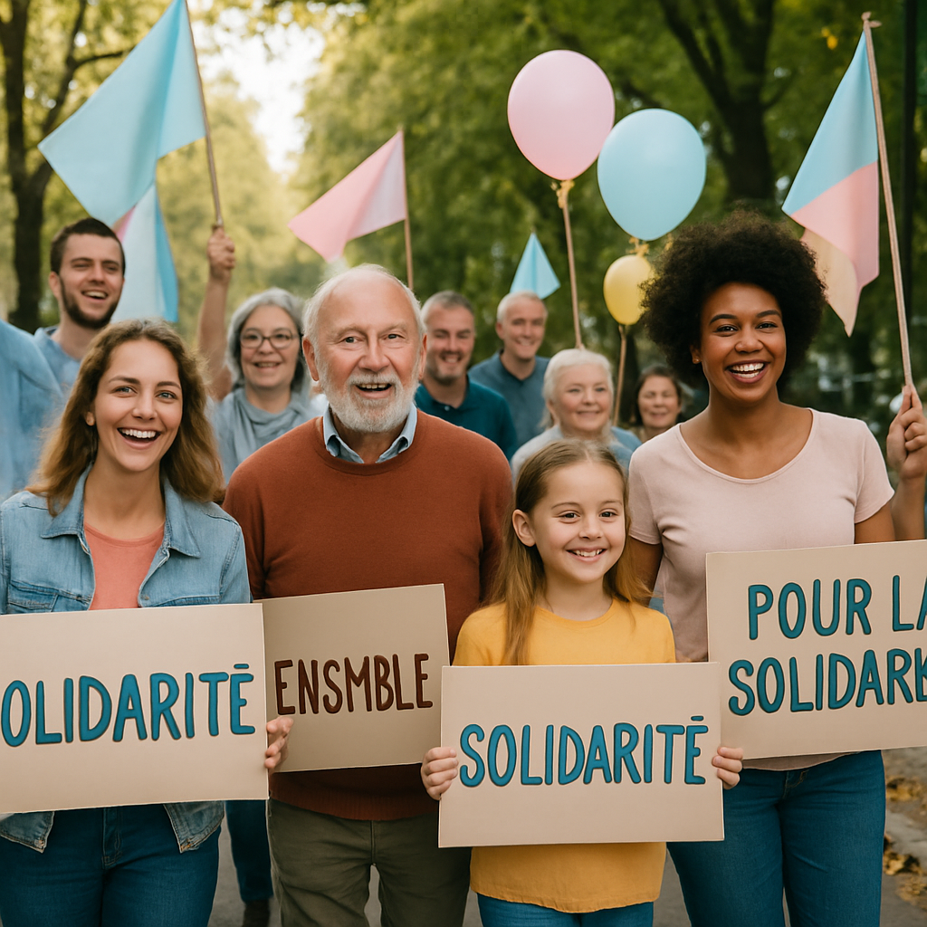 Marche solidaire avec des participants souriants et pancartes
