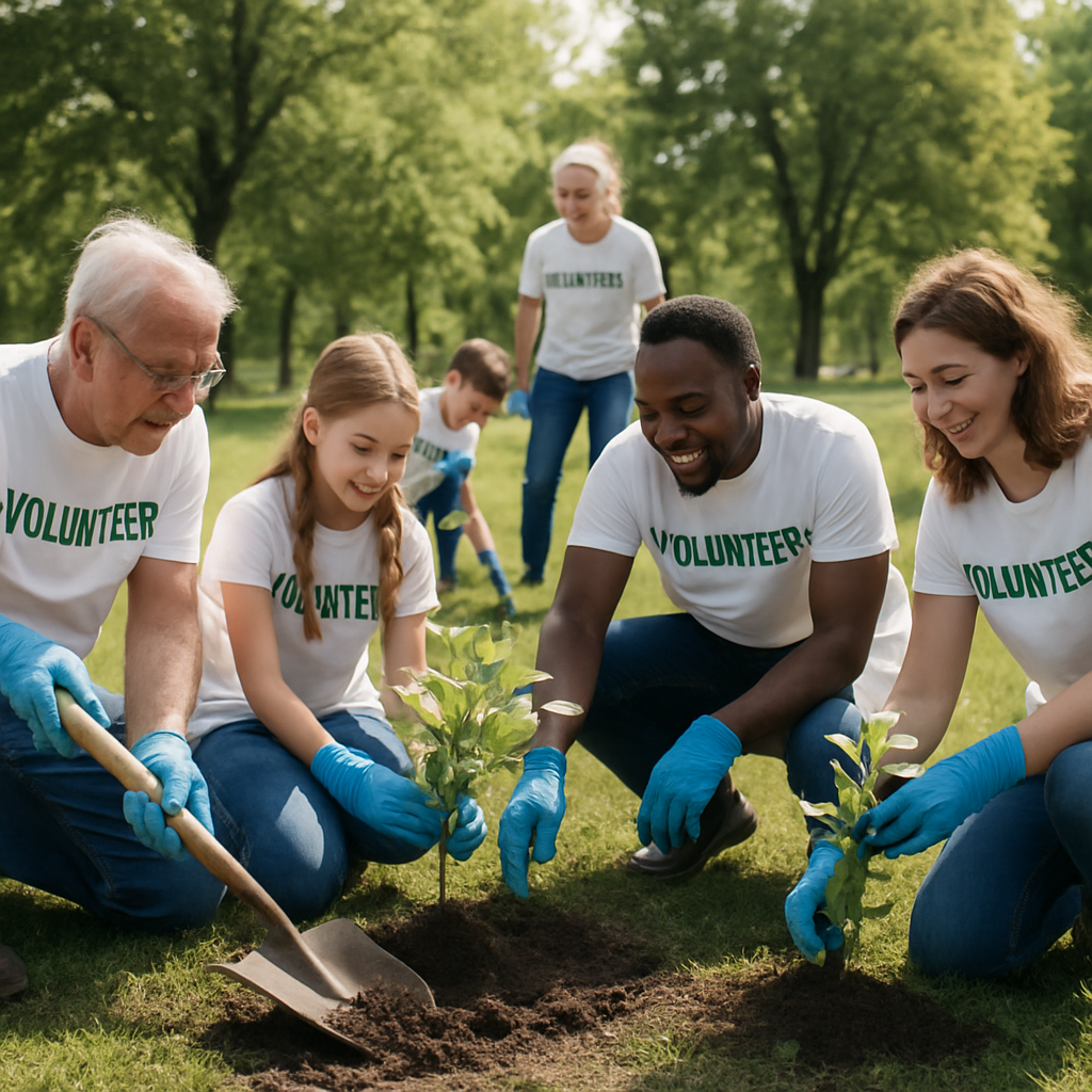 Bénévoles plantant des arbres dans un parc