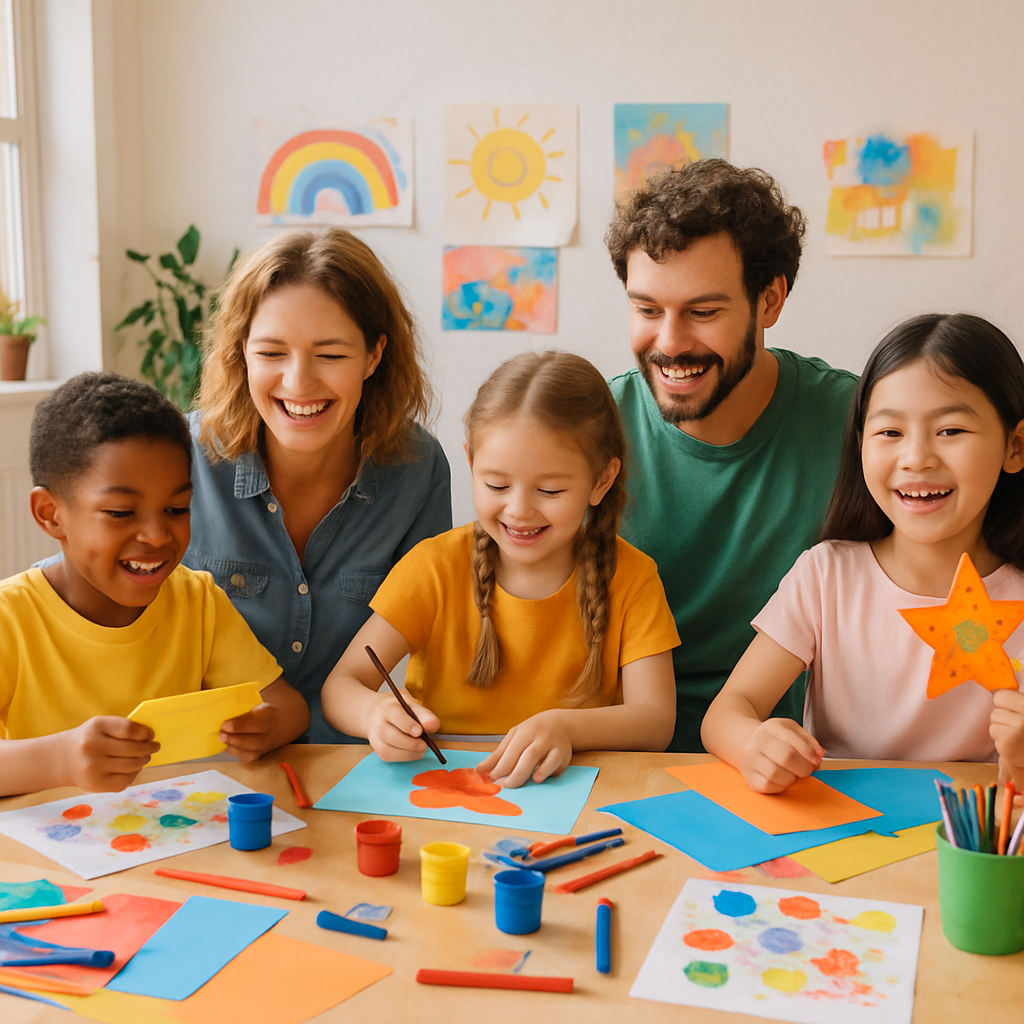 Atelier créatif avec enfants et animateurs dans une ambiance joyeuse