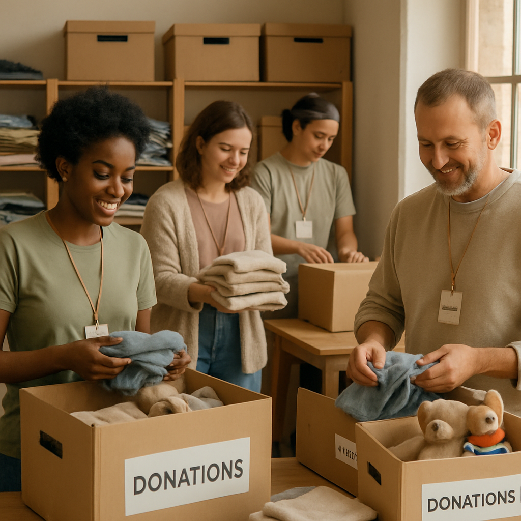 Bénévoles collectant des vêtements et jouets pour les redistribuer