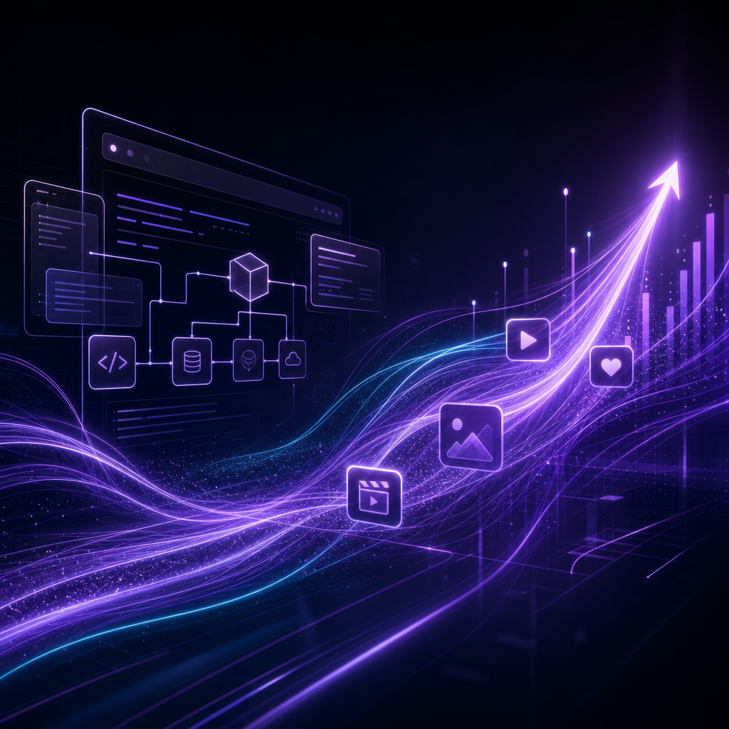 Abstract digital composition of interconnected product system lines, luminous violet data waves, and dynamic content signal arcs conveying momentum and revenue growth
