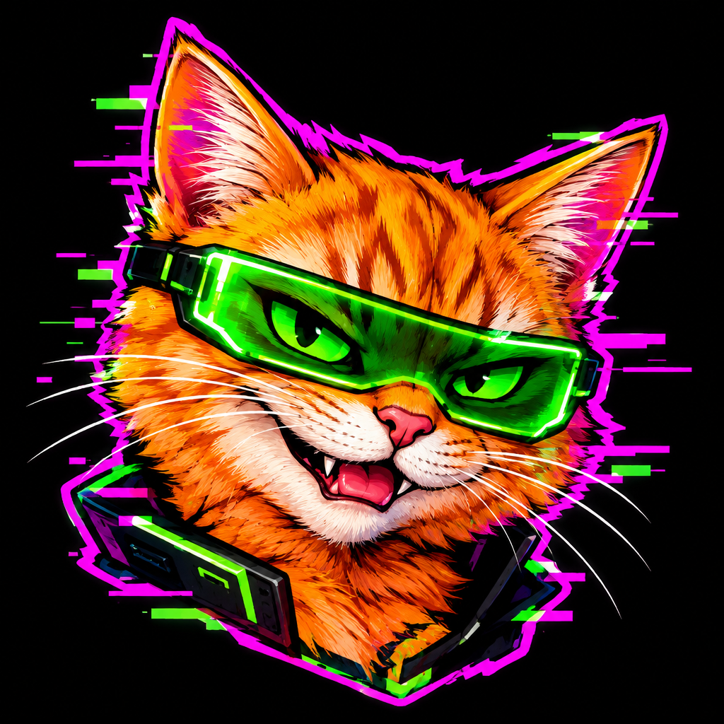 Small cyberpunk orange tabby cat avatar with glitch streaks and a neon visor