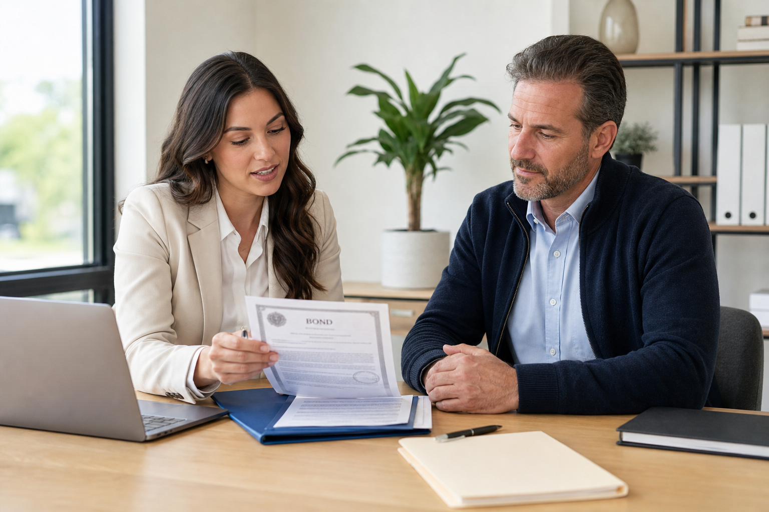 Insurance advisor reviewing bond paperwork with a business owner in a clean, bright office