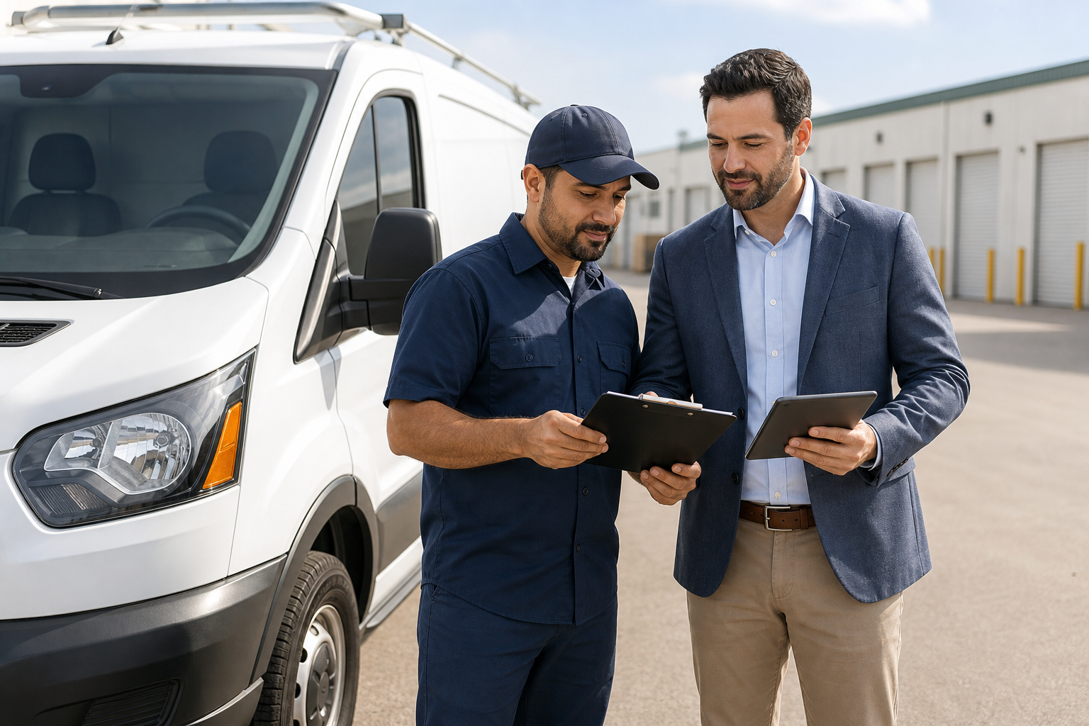 Independent insurance advisor reviewing commercial fleet paperwork with a delivery driver beside a branded work van in daylight