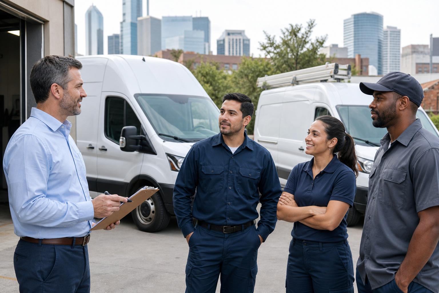 Insurance advisor consulting with a small delivery fleet team beside branded service vans in a city lot