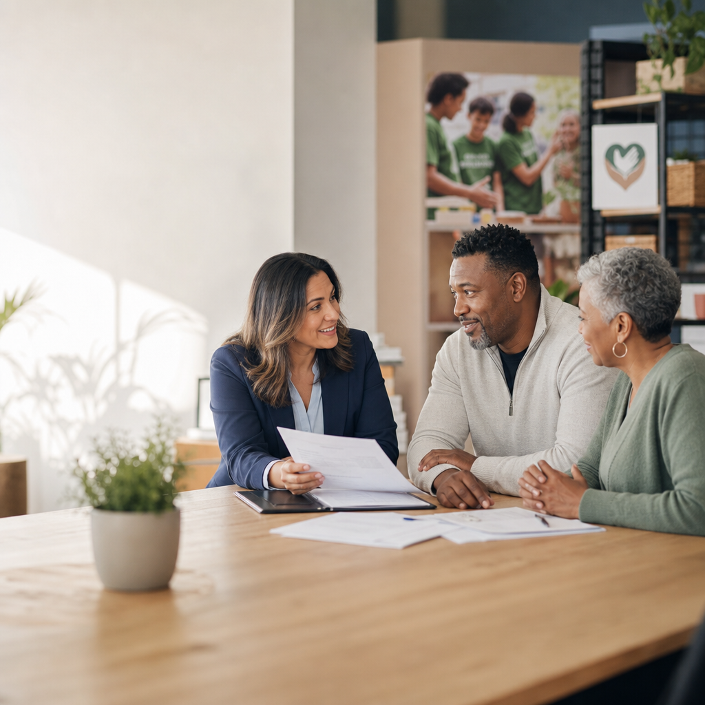 Community insurance advisor discussing nonprofit coverage with organization leaders around a table in a bright, welcoming office