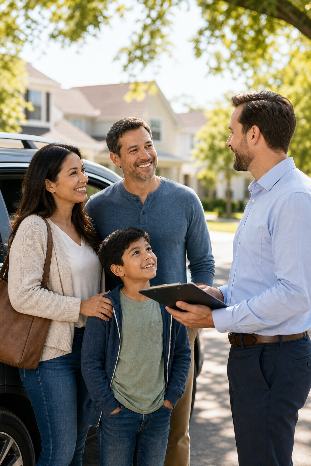 Friendly insurance advisor speaking with a family driver in a bright natural setting