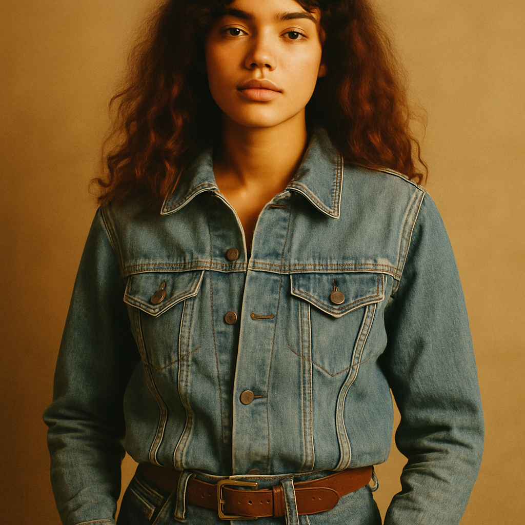 Model wearing a faded 70s denim jacket and high-rise jeans in warm studio light