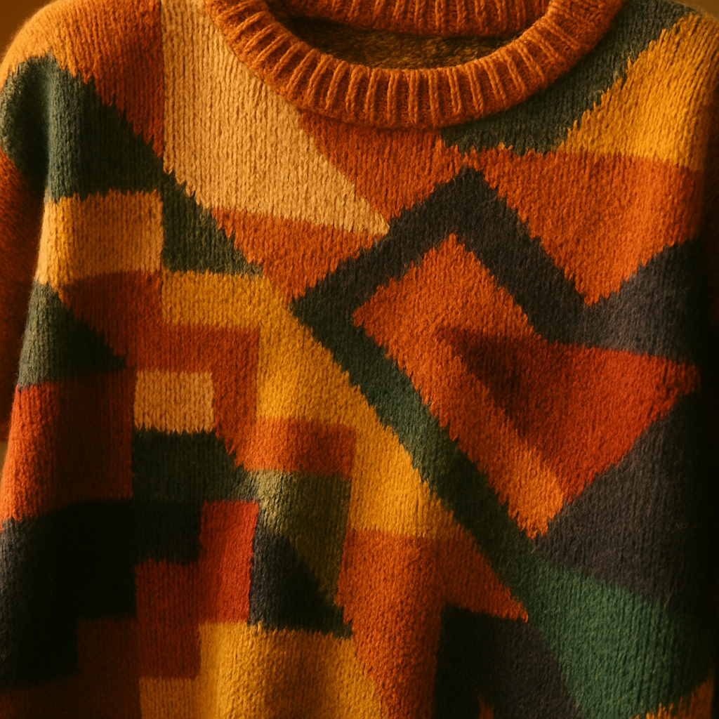 Close-up of a colorful retro graphic knit sweater with bold geometric patterns