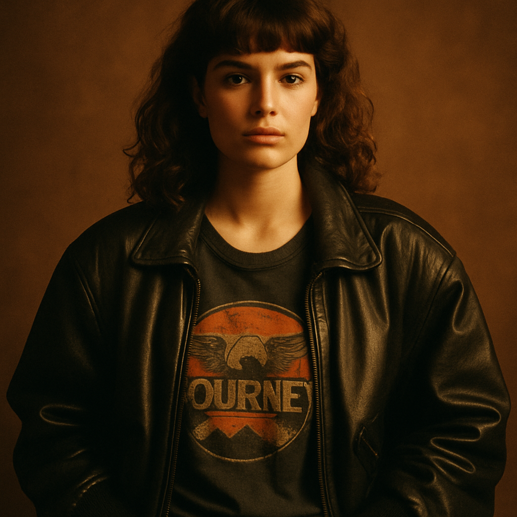 Model in an oversized 80s leather bomber layered over a graphic tee